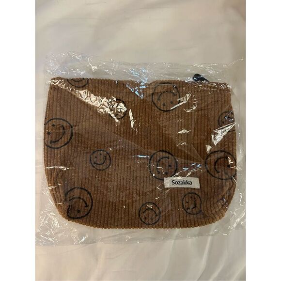 NEW Cosmetic Bags Corduroy Makeup Bag Smile Dots Brown W/ Charms - Picture 3 of 5